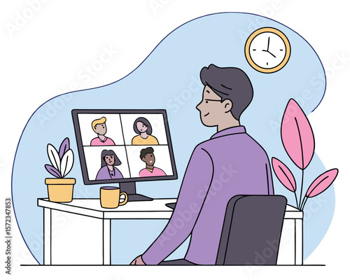 Remote work meeting illustrated with participants and on-screen video call