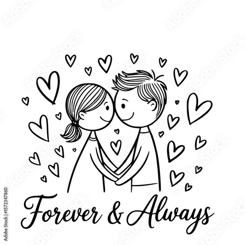 Forever & Always: A simplistic drawing of a loving couple's unbreakable bond, symbolizing their everlasting commitment surrounded by a constellation of hearts 