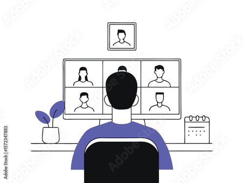 Remote work video conference illustration depicting online meeting and digital collaboration
