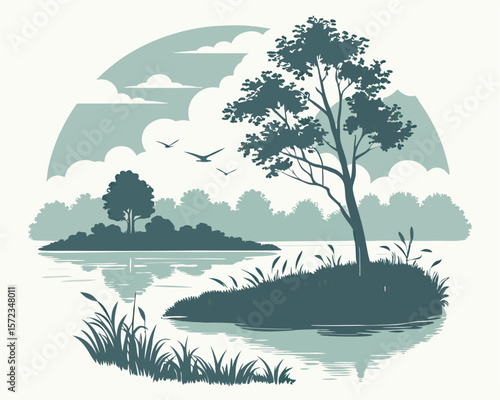 Serene nature scene depicting a tranquil lake with trees and birds on a white background