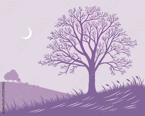 Serene silhouette landscape depicting tree and moon in a calming minimalist purple tone