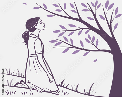Serene silhouette of woman contemplating nature under a tree with transparency.