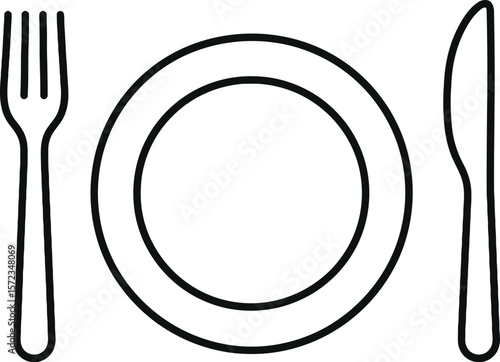 Illustration of a plate with fork, knife, and spoon as dining cutlery in a restaurant setting