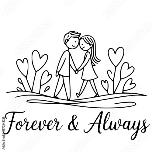 Forever & Always: An intimate illustration of a couple, hand in hand, strolling together through a blossoming landscape, embodying the timeless concept of everlasting love.