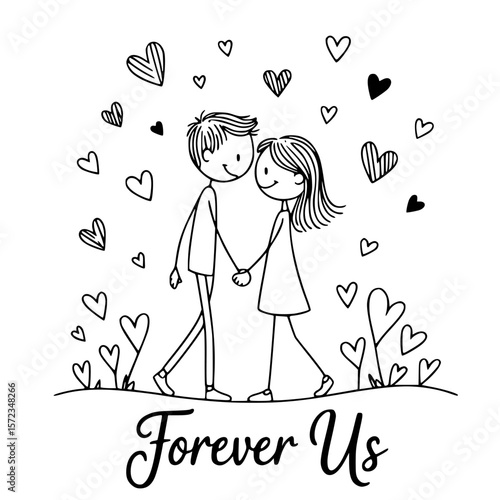 Eternal Bond: A Simple illustration depicting a couple, holding hands, walking forward, with lovely hearts flying around them. Conveying the symbol of forever love and togetherness.
