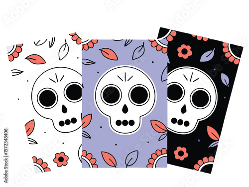 Stylized dia de los muertos skull with decorative floral elements on a transparent background