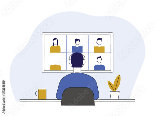 Vector illustration depicting remote work and online video conference with colleagues