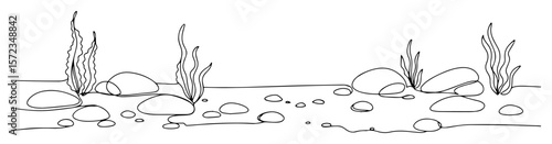 underwater scene with rocks and plants line art