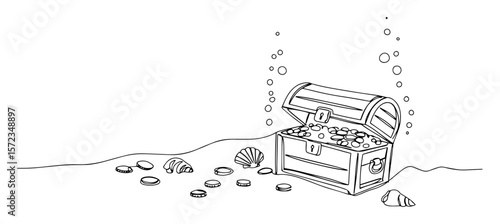 treasure chest underwater with coins and shells