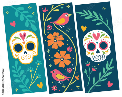 Vibrant day of the dead sugar skull and floral banner design in modern flat style