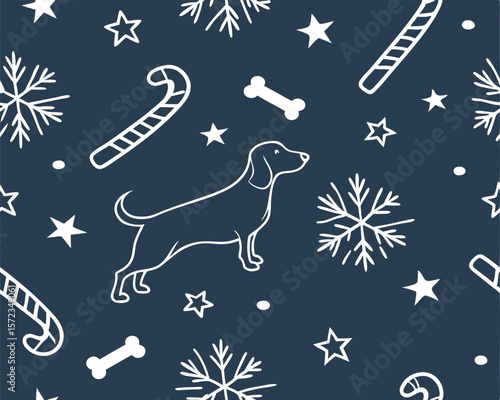 Whimsical dog and winter elements seamless pattern in white with transparency for various designs