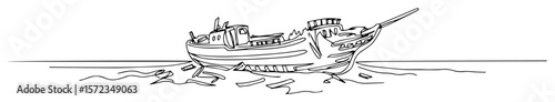 damaged boat stranded at sea outline illustration