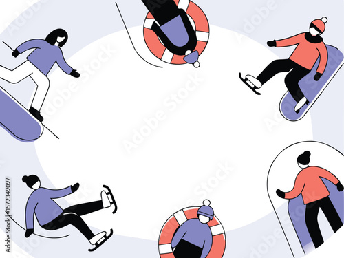 Winter fun and activities illustration depicting skaters snowboarders and lifeguards