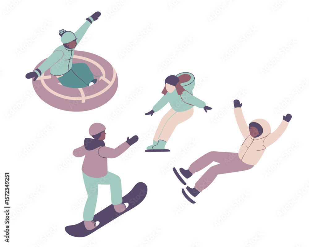 Obraz premium Winter sports enthusiasts engaging in various snow activities with snowboarding and snowtubing
