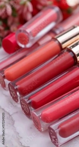 Close-up of assorted lip gloss tubes on marble surface