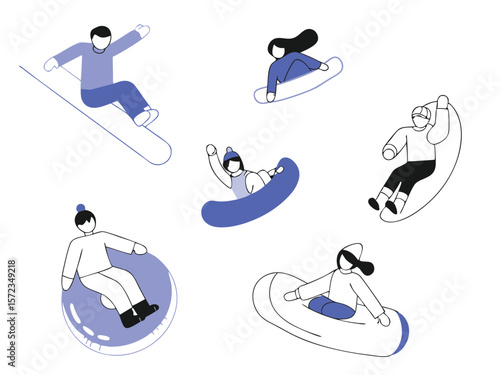 Winter sport activities illustration featuring snowboarding and snow tubing graphics