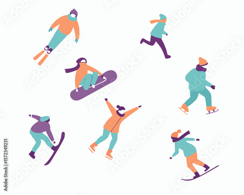 Winter sport activities illustrations with skis snowboards and ice skates on white background