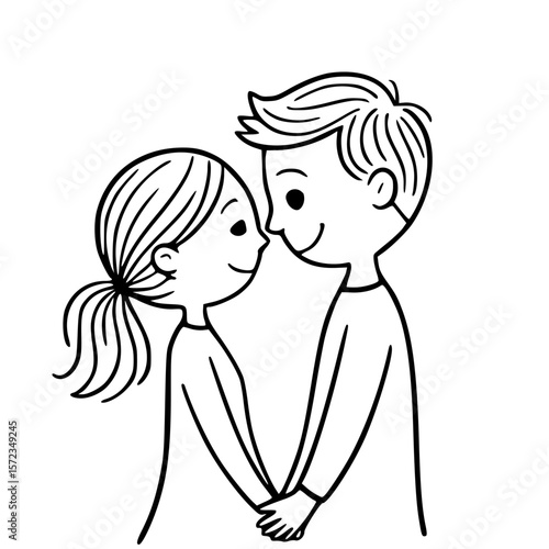 Eternal Bond: A simple line drawing capturing a tender moment, a couple holding hands and gazing into each other's eyes, a beautiful depiction of love and affection.