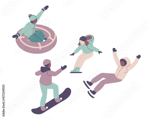 Winter sports enthusiasts engaging in various snow activities with snowboarding and snowtubing