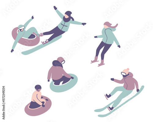 Winter sports enthusiasts enjoying skiing snowboarding and tubing in a vibrant vector illustration