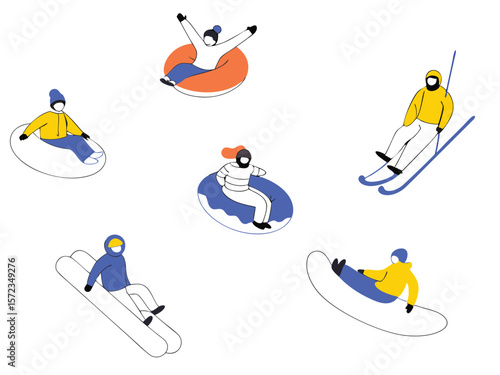 Winter sports illustration featuring people enjoying snowboarding skiing and tubing