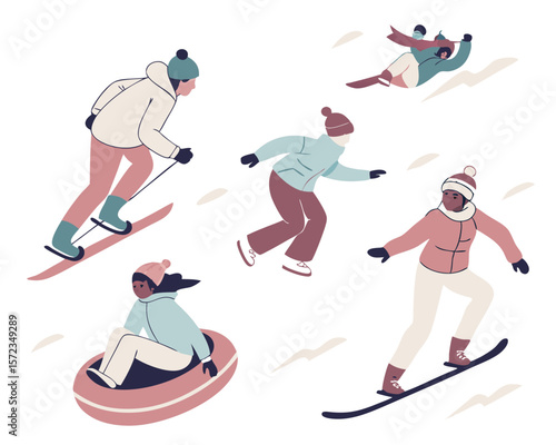 Winter sports illustration featuring skiing snowboarding tubing and snowy activity