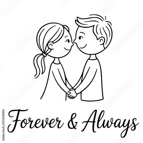 Eternal Promise: A touching artistic illustration of a couple holding hands and gazing at each other with the timeless vow of Forever & Always.