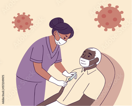 Nurse vaccinating elderly patient against virus in simple illustration