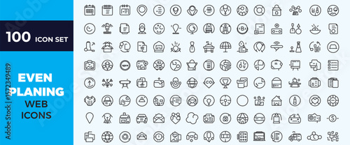 Event planning and organization icon set collection with calendar meeting party celebration business outline symbols