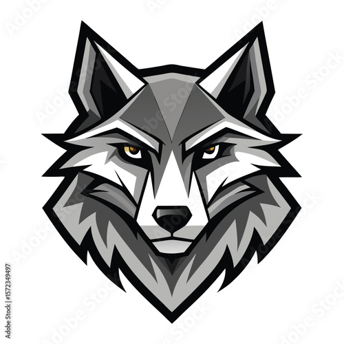 Bold wolf head with cool blue and gray tones stares ahead sharply