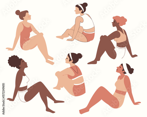 Diverse women resting and contemplating in simple illustration style on white background