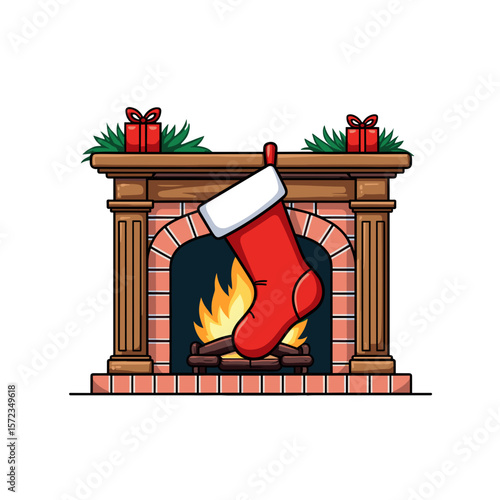 Christmas stocking on fireplace with gifts, holiday decoration illustration