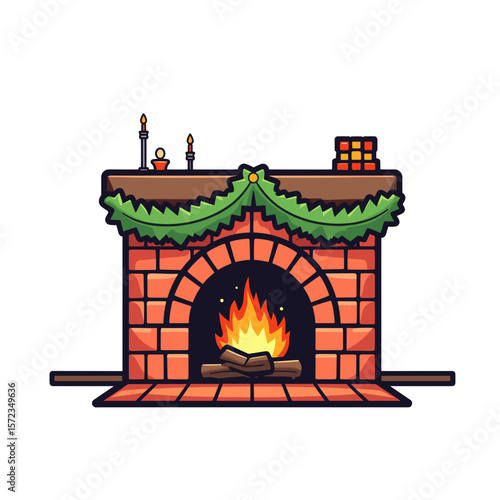 Festive fireplace with Christmas garland, holiday warmth and celebration
