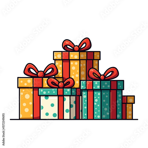 Colorful gift boxes with bows, festive holiday presents copyspace