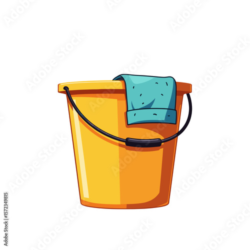Yellow bucket with cleaning cloth, household cleaning tools