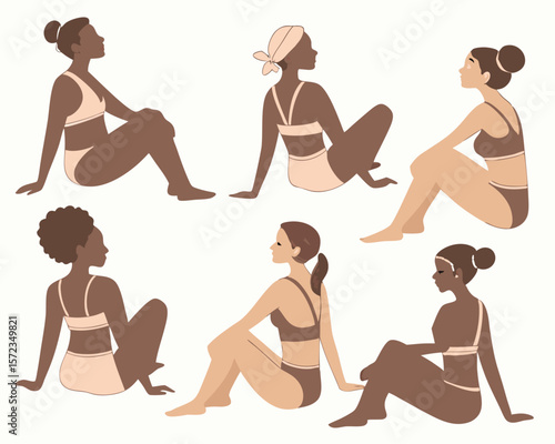 Elegant minimalist illustration of women relaxing in swimwear on a white background