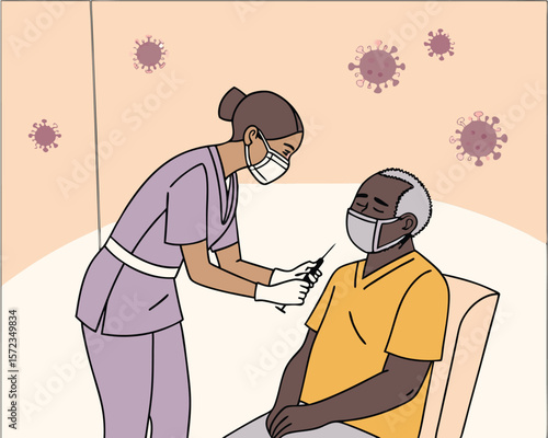 Healthcare professional administering vaccination to patient with coronavirus symbols