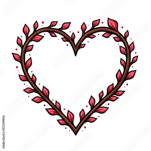 Heart-shaped branch with red leaves, nature-inspired love art illustration