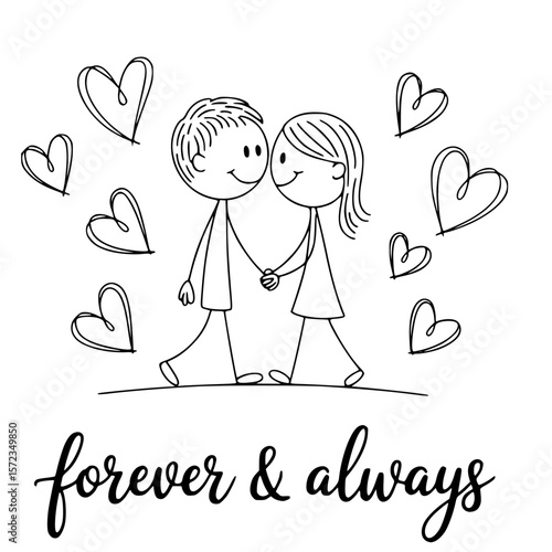Forever and Always: A hand-drawn image captures the essence of lasting love, depicting a couple walking hand-in-hand, surrounded by delicate hearts, symbolizing an eternal bond and devotion.