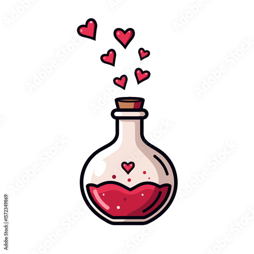 Love potion bottle with floating hearts, romantic affection symbol