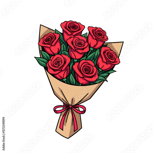 Bouquet of red roses with brown wrapping, romantic floral gift illustration