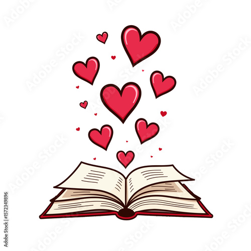 Open book with floating hearts, love for reading illustration, educational romance