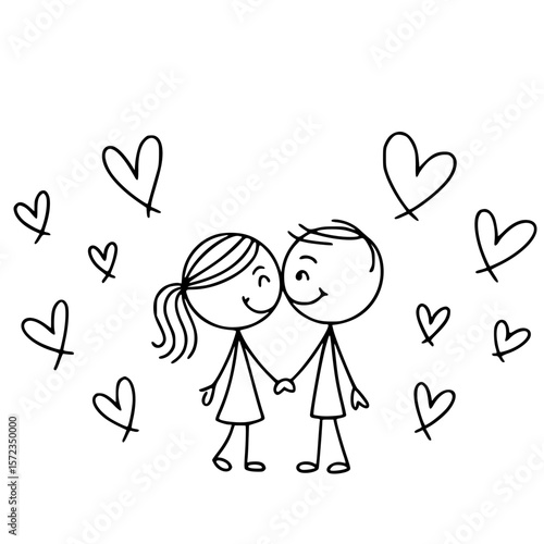 Love's Embrace: Two stick figures, radiating happiness, hold hands amidst a flurry of heart shaped illustrations, symbolizing love, affection, and the beauty of connection.