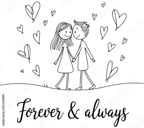 Eternal Love: A hand-drawn sketch depicts a couple in love, surrounded by hearts and the timeless message of Forever & Always. Capturing the enduring bond between them
