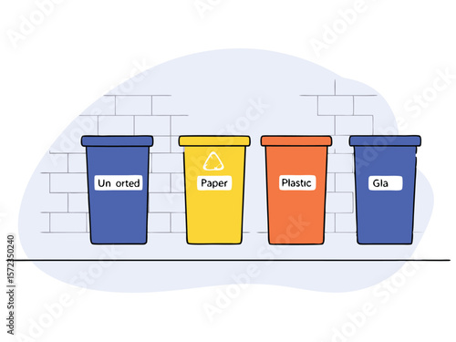 Cartoon illustration depicting sorted recycling bins for paper plastic glass and unsorted waste