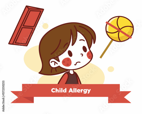 Cartoon illustration of a child experiencing an allergy to chocolate and candy on white background.