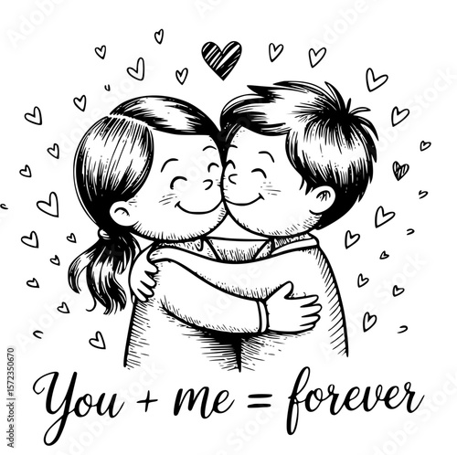 Eternal Embrace: A touching depiction of love unfolds, showing a couple locked in a tender embrace, their faces alight with joy and adorned with a scattering of hearts.