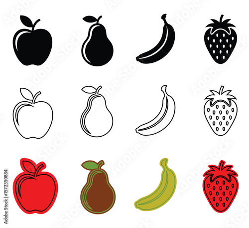 Fruits in 3 Design Styles – Clean Vector Icons of Apple, Pear, Banana, Strawberry