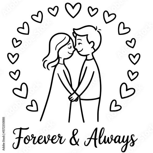 Eternal Bond: A tender illustration of a couple, immersed in love within a heart-shaped embrace, symbolizing Forever & Always.