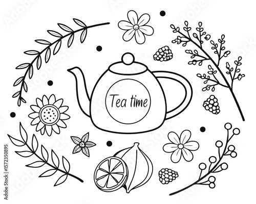 Elegant hand drawn tea time illustration with floral and fruit elements on a white background